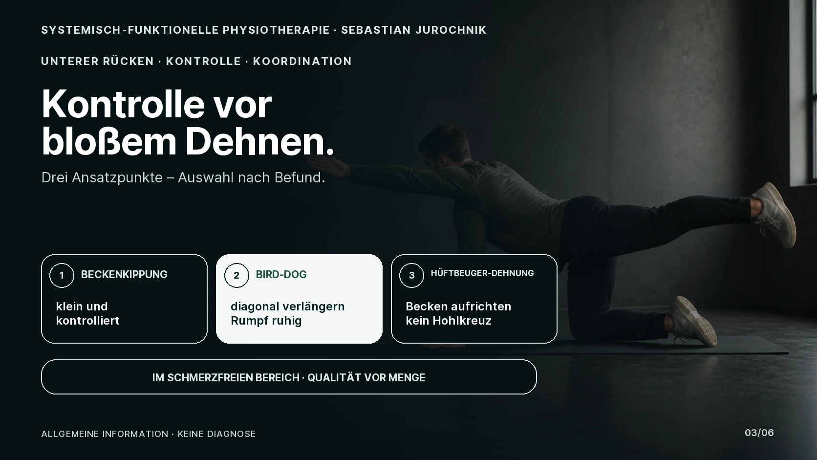 Drei Ansätze für den unteren Rücken: Beckenkippung, Bird-Dog und Hüftbeugerdehnung
