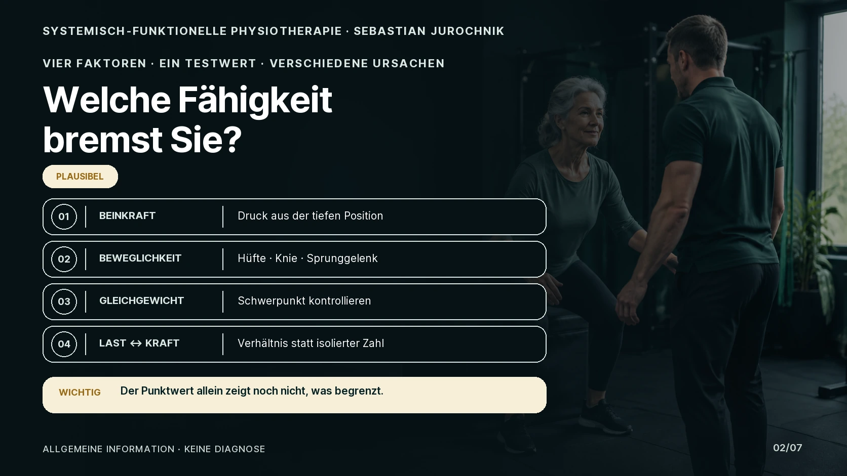 Übersicht zu Beinkraft, Beweglichkeit, Gleichgewicht und dem Verhältnis von Last zu Kraft beim Aufstehen vom Boden.