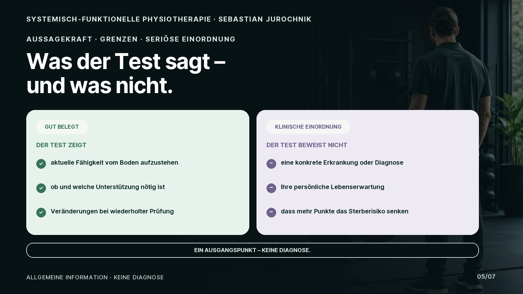Gegenüberstellung der Aussagekraft und Grenzen des Sitting-Rising-Tests; der Test ist ein Ausgangspunkt und keine Diagnose.