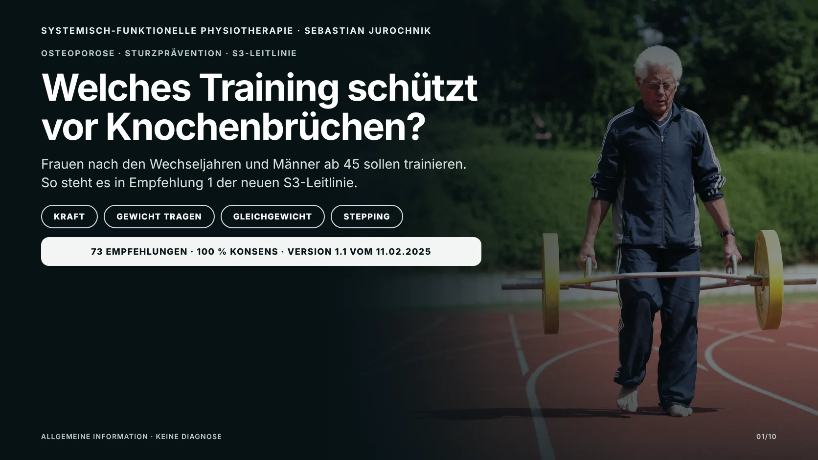 Älterer Mann trägt auf einer Laufbahn eine Sechskant-Hantel mit gelben Gewichtsscheiben; Grafik zur S3-Leitlinie: Frauen nach den Wechseljahren und Männer ab 45 sollen gegen Knochenbrüche trainieren.