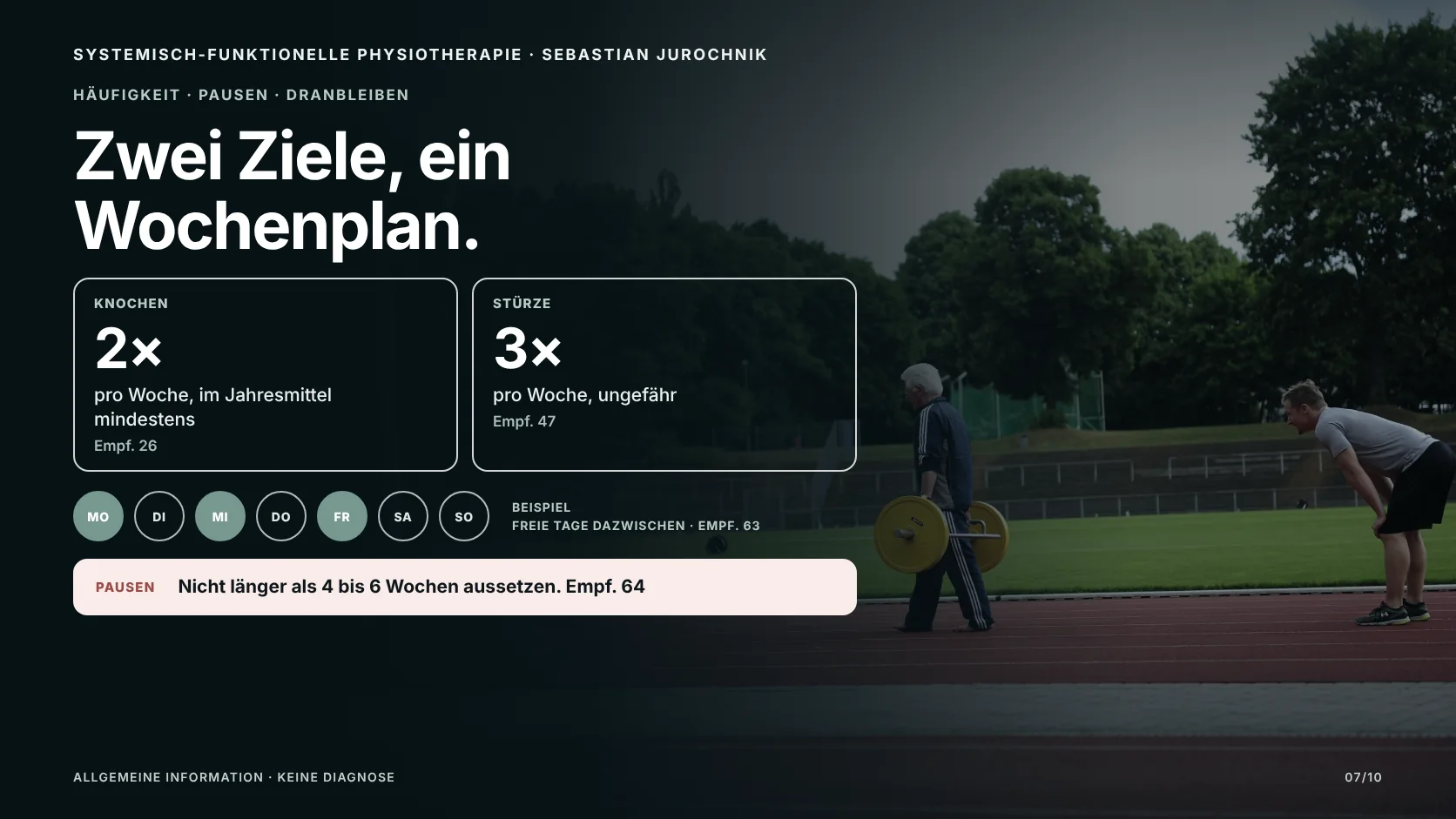 Älterer Mann trägt im Stadion eine Hantel, der Trainer schaut zu; Grafik zur Häufigkeit: für die Knochen mindestens zweimal, gegen Stürze etwa dreimal pro Woche, Pausen höchstens 4 bis 6 Wochen.